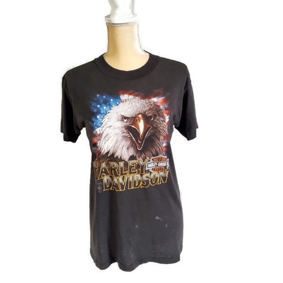 Vintage 3D Emblem Harley-Davidson T-shirt 1988 Double Dide Eagle Flag Truckers - Picture 9 of 15